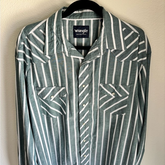 Wrangler Western Snap Shirt Green White Striped Long Sleeve Pearl Snap XL - Picture 2 of 7